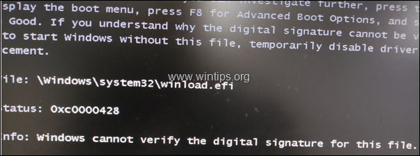FIX: 0xc0000428 Windows kan de digitale handtekening voor winload.efi, winload.exe niet verifiëren (Opgelost)