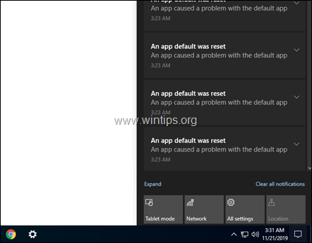 DÜZELTME: Windows 10'da bir uygulama varsayılanı sıfırlandı Bildirim hatası.