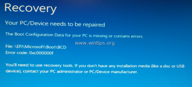 TETAP Boot Data Konfigurasi Boot Hilang Kesalahan BSOD 0x000000f pada Windows 10/8/8.1
