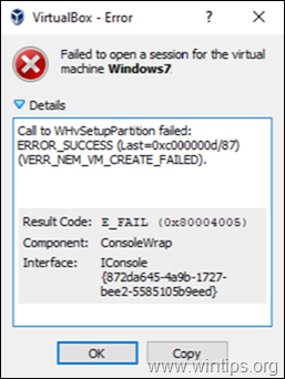 FIX Errore di VirtualBox: chiamata a WHvSetupPartition non riuscita: ERROR_SUCCESS (Risolto)
