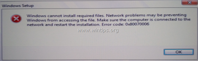 FIX: Windows 10 Installationsfejl 0x80070006. Windows kan ikke installere de nødvendige filer.