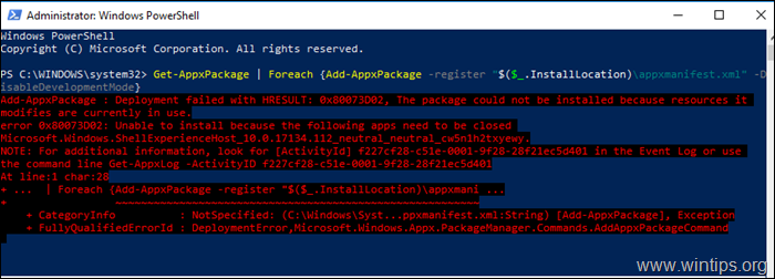 修正：Windows Shell Experience Host部署失败，HRESULT 0x80073D02（已解决）。