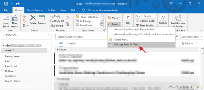 Sådan ændres det sted, hvor sendte e-mails gemmes for en IMAP-konto i Outlook 2016/2019.