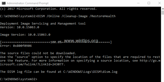 Ako opraviť: DISM Zdrojové súbory nebolo možné stiahnuť, Chyba 0x800f0906 (Windows 10/8.1).