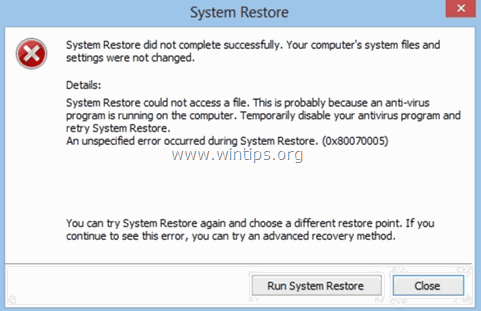 Hoe te verhelpen: Systeemherstel mislukt met fout 0x80070005 (Windows 10)