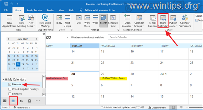 Freigabe des Outlook-Kalenders auf dem Desktop oder im Web.
